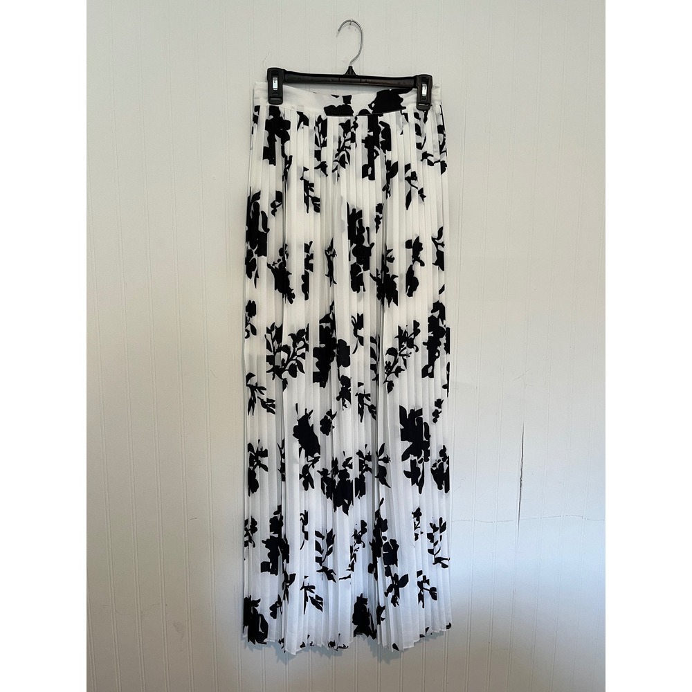Boston Proper Black White Floral Pleated Maxi Skirt Size S Lined Zipper Back